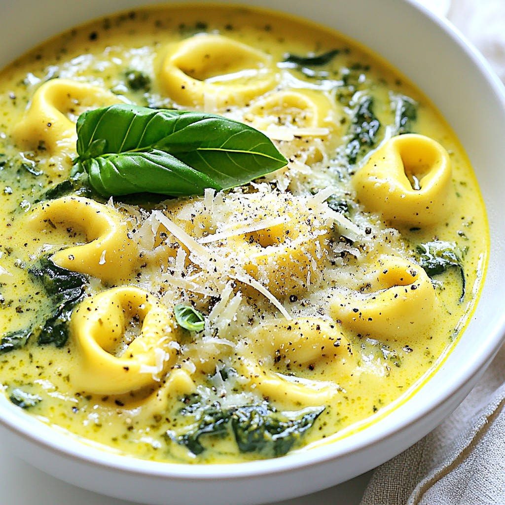 One Pot Creamy Pesto Tortellini Soup Delight